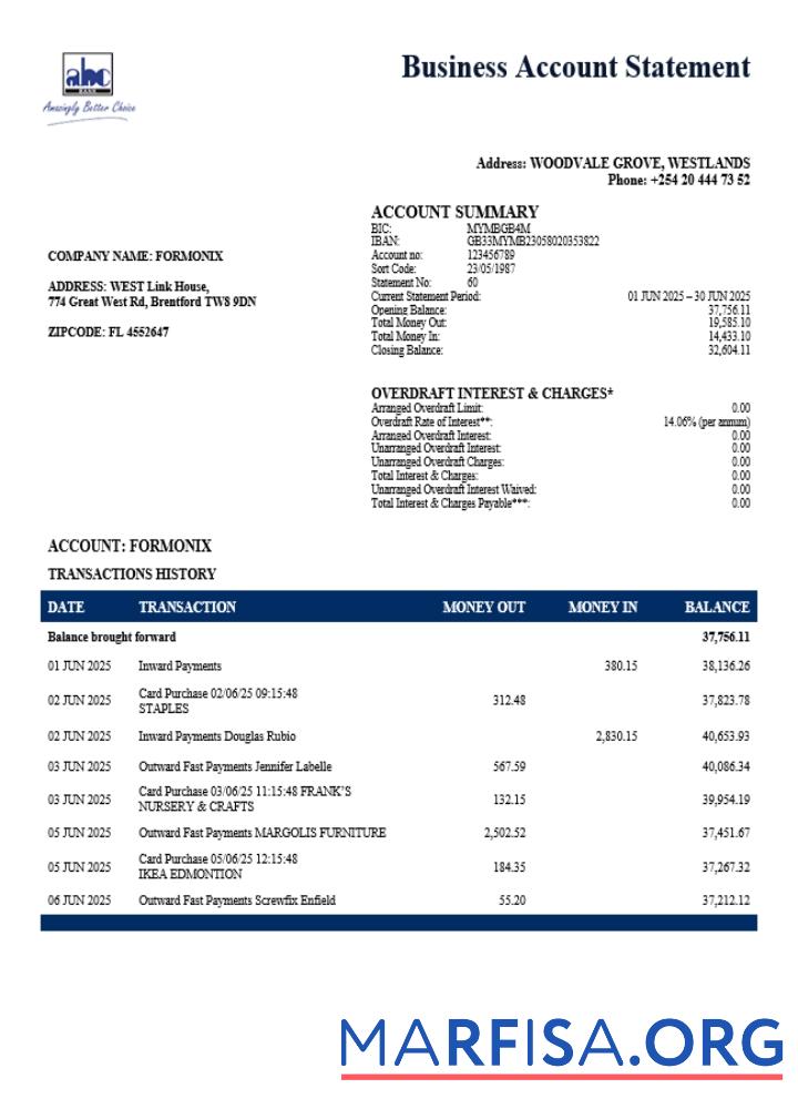 Downloadable Kenyan ABC organization checking account statement Word and PDF format download for verification